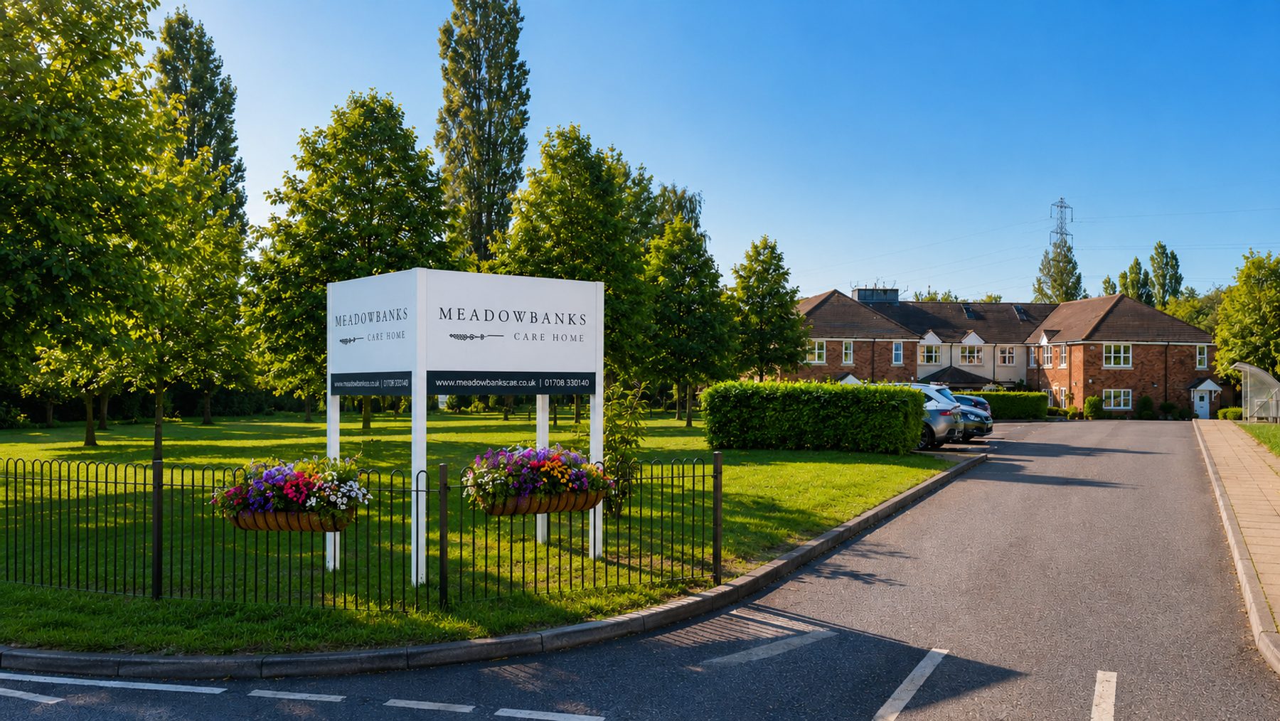 The Meadowbanks Care Home entrance sign and grounds on Hall Lane, Upminster
